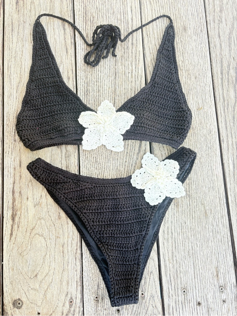 Meshki Black Crochet Bikini Set with White Floral Appliqués